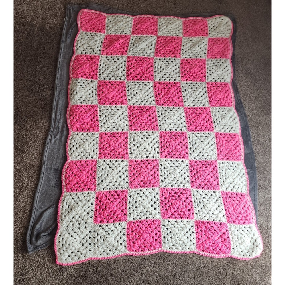 Handmade Crochet Granny Square Blanket Pink White Checkered Throw 65x43